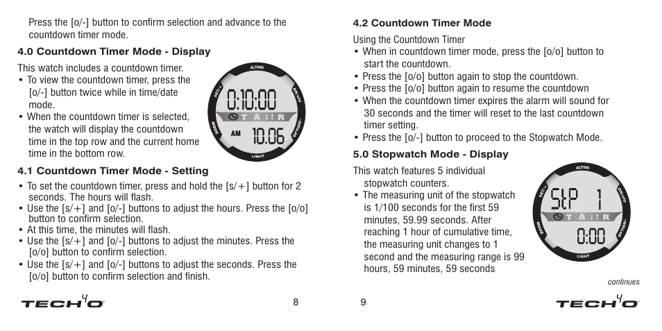 0 daily alarm mode - display, 1 daily alarm mode - setting, 0 countdown timer mode - display | Daily alarm mode - display, Daily alarm mode - setting, Countdown timer mode - display | Tech4o Alti-Ski User Manual | Page 5 / 13