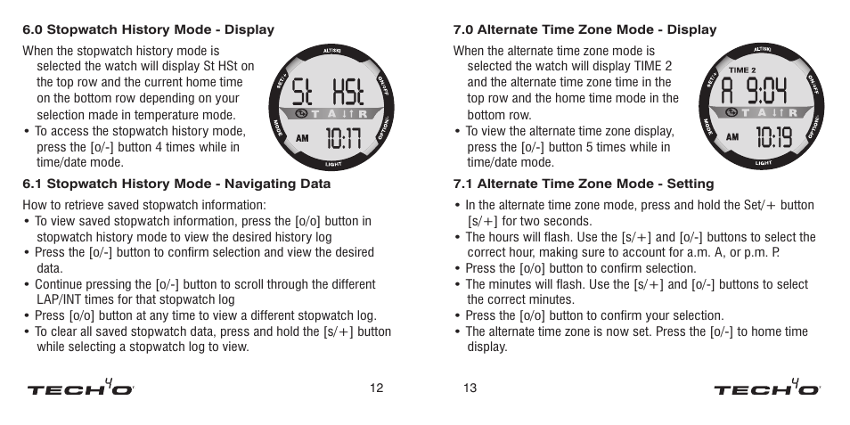 1 stopwatch mode - setting, 2 stopwatch mode - using the stopwatch, Stopwatch mode - setting | Stopwatch mode - using the stopwatch | Tech4o Alti-Ski User Manual | Page 7 / 13