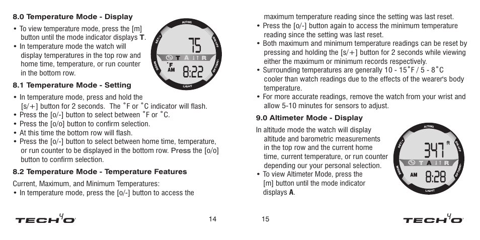 0 stopwatch history mode - display, 1 stopwatch history mode - navigating data, 0 alternate time zone mode - display | Stopwatch history mode - display, Stopwatch history mode - navigating data, Alternate time zone mode - display | Tech4o Alti-Ski User Manual | Page 8 / 13