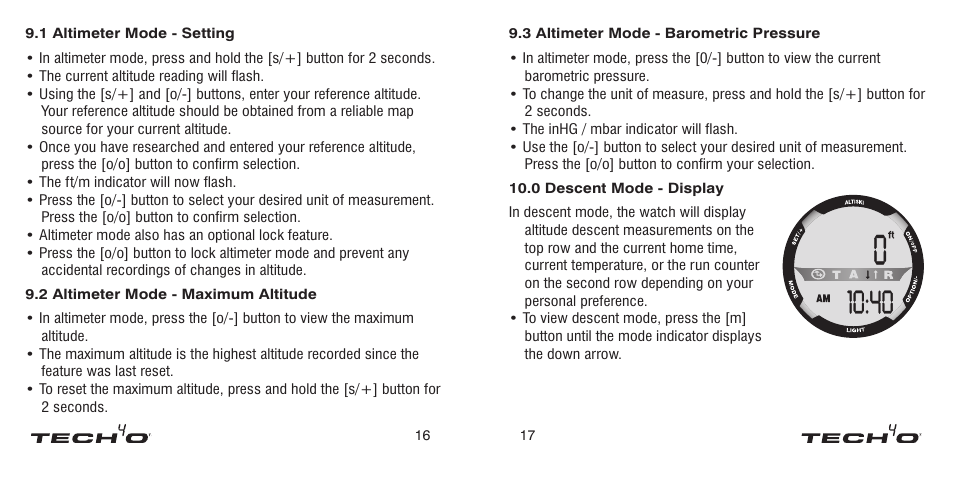 1 alternate time zone mode - setting, 0 temperature mode - display, 1 temperature mode - setting | Alternate time zone mode - setting, Temperature mode - display, Temperature mode - setting | Tech4o Alti-Ski User Manual | Page 9 / 13