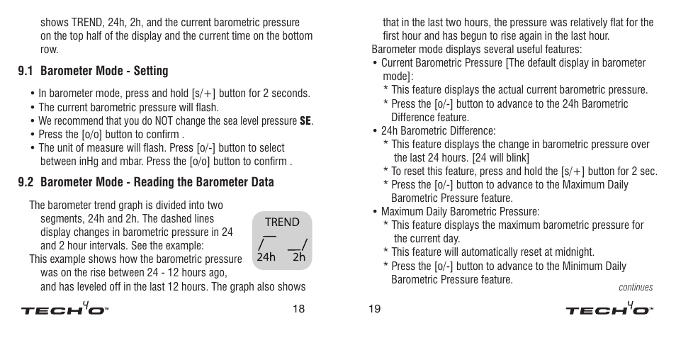 0 barometer mode - display, 1 barometer mode - setting, 2 barometer mode - reading the barometer data | 2 barometer mode, Reading the barometer data | Tech4o Altimeter Watch User Manual | Page 10 / 13