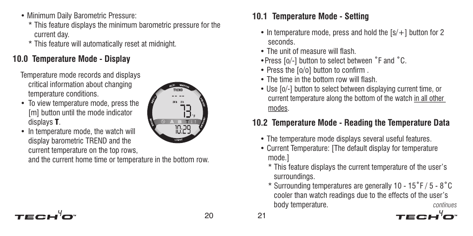0 temperature mode - display, 1 temperature mode - setting, 2 temperature mode - reading the temperature data | 2 temperature mode, Reading the temperature data | Tech4o Altimeter Watch User Manual | Page 11 / 13