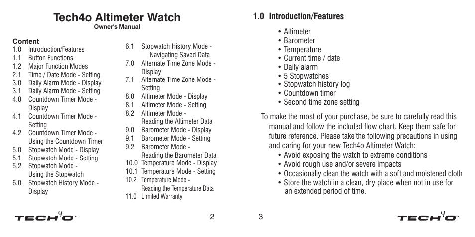 0 features, Tech4o altimeter watch | Tech4o Altimeter Watch User Manual | Page 2 / 13