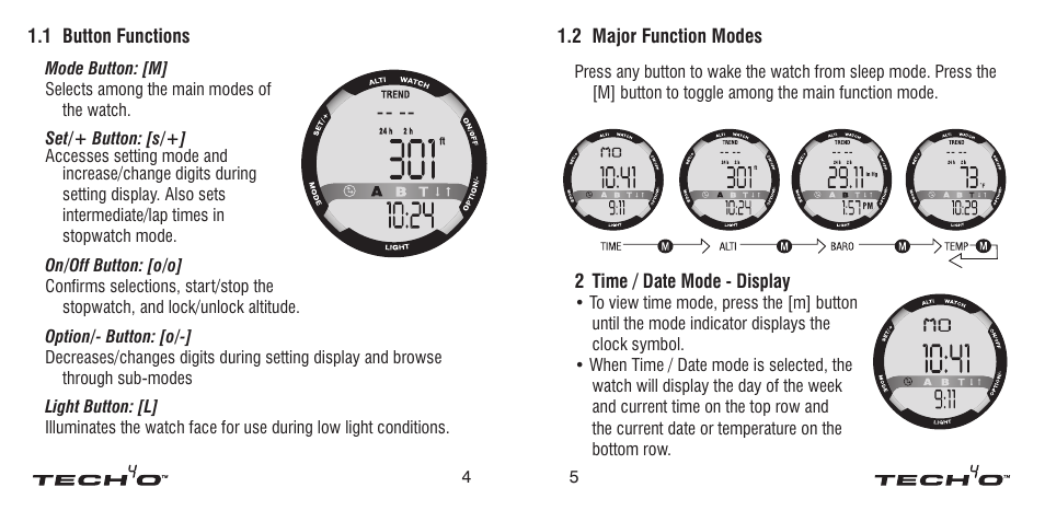 1 button functions, 2 major function modes | Tech4o Altimeter Watch User Manual | Page 3 / 13