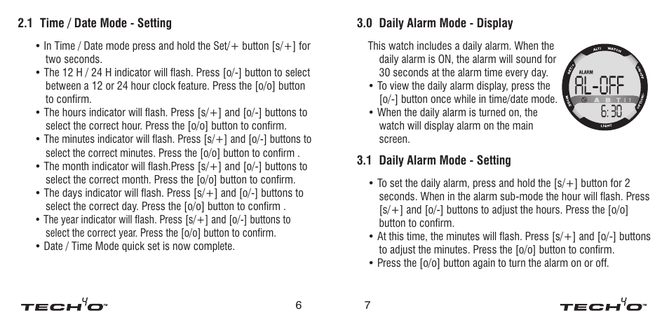 1 time / date mode - setting, 0 daily alarm mode - display, 1 daily alarm mode - setting | Tech4o Altimeter Watch User Manual | Page 4 / 13