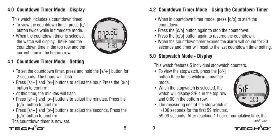0 countdown timer mode - display, 1 countdown timer mode - setting, 2 countdown timer mode - using the countdown timer | 0 stopwatch mode - display, 0 countdown timer mode, Display, 1 countdown timer mode, Setting, 2 countdown timer mode, Using the countdown timer | Tech4o Altimeter Watch User Manual | Page 5 / 13