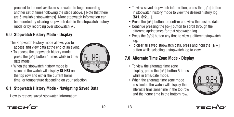 0 stopwatch history mode - display, 1 stopwatch history mode - navigating saved data, 0 stopwatch history mode | Display, 1 stopwatch history mode, Navigating saved data | Tech4o Altimeter Watch User Manual | Page 7 / 13