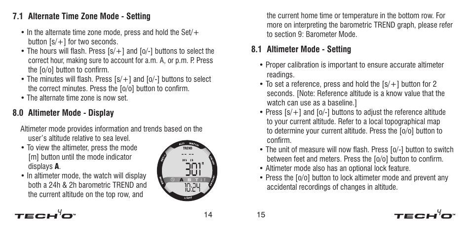 0 alternate time zone mode - display, 1 alternate time zone mode - setting, 0 altimeter mode - display | 1 altimeter mode - setting, 0 alternate time zone mode, Display, 1 alternate time zone mode, Setting | Tech4o Altimeter Watch User Manual | Page 8 / 13