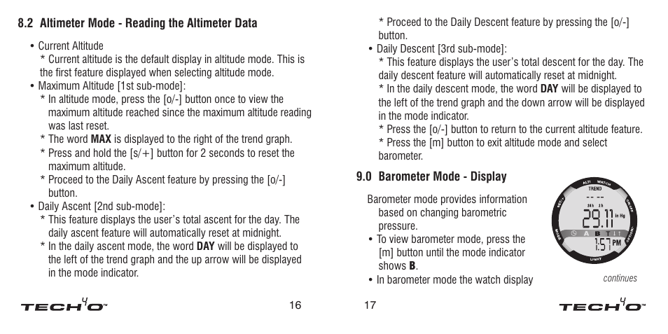 2 altimeter mode - reading the altimeter data, 2 altimeter mode, Reading the altimeter data | Tech4o Altimeter Watch User Manual | Page 9 / 13