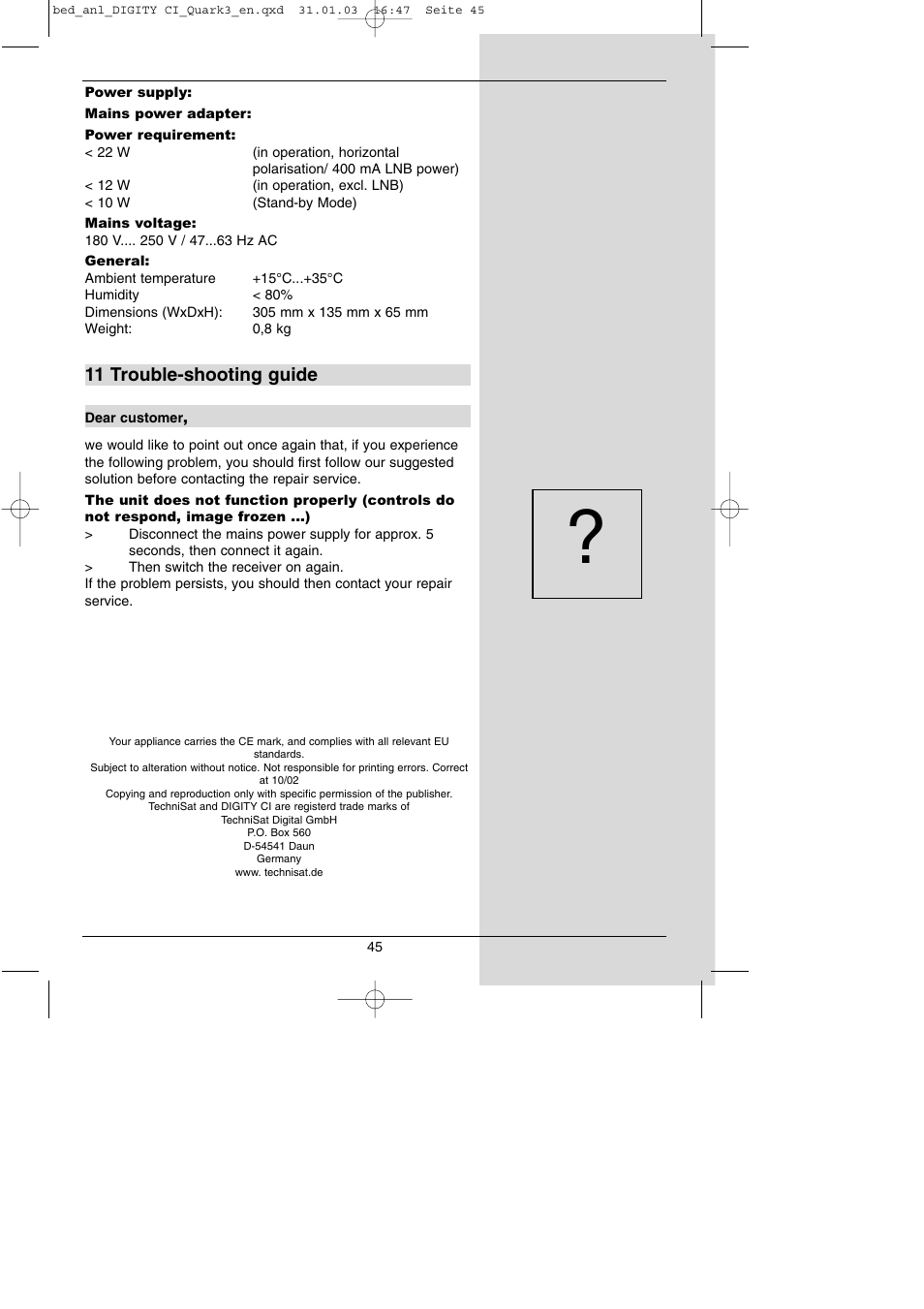 11 trouble-shooting guide | TechniSat DIGITY CI Operating Manual User Manual | Page 45 / 50