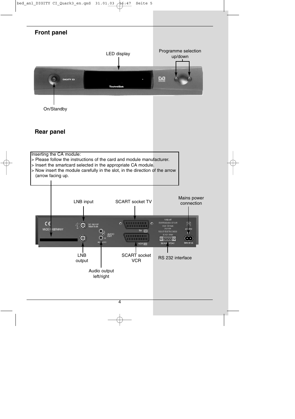 Front panel rear panel | TechniSat DIGITY CI Operating Manual User Manual | Page 5 / 50