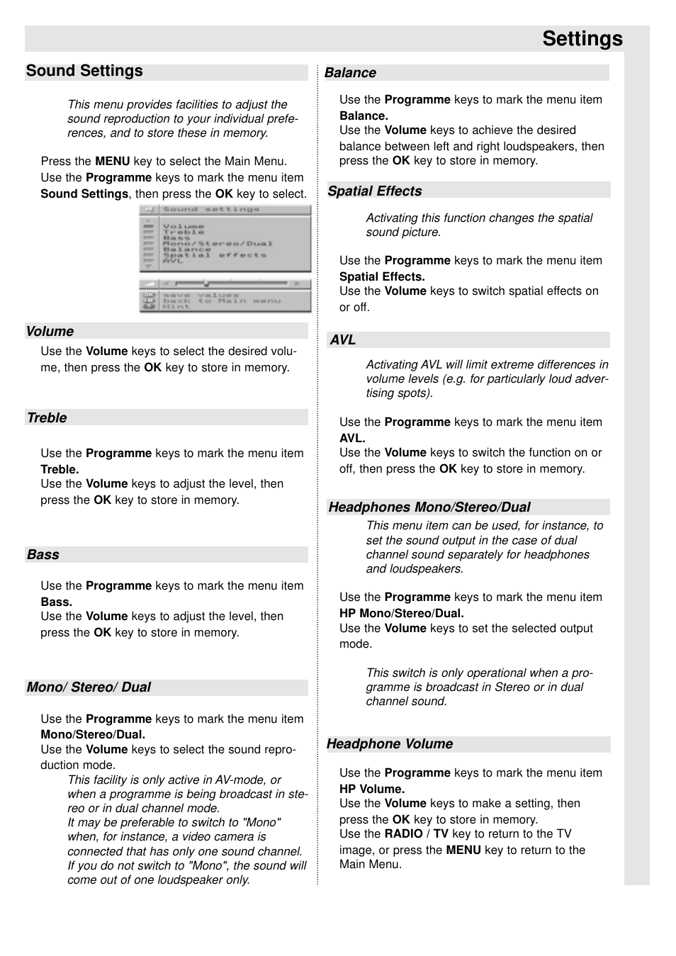 Settings, Sound settings | TechniSat 100Hz Television sets Colani-TV Classic Line User Manual | Page 10 / 32