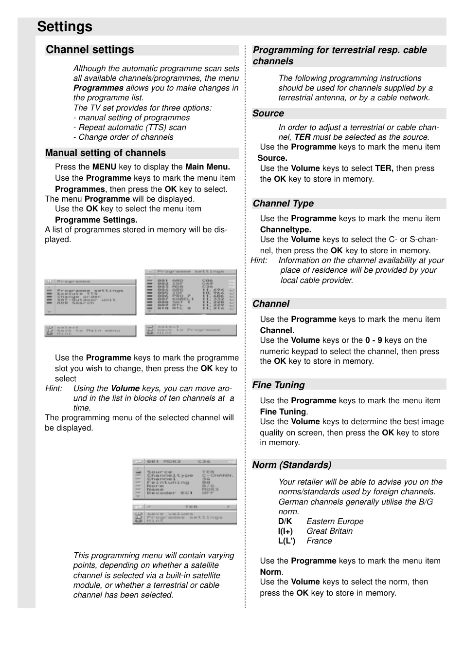 Settings, Channel settings | TechniSat 100Hz Television sets Colani-TV Classic Line User Manual | Page 11 / 32