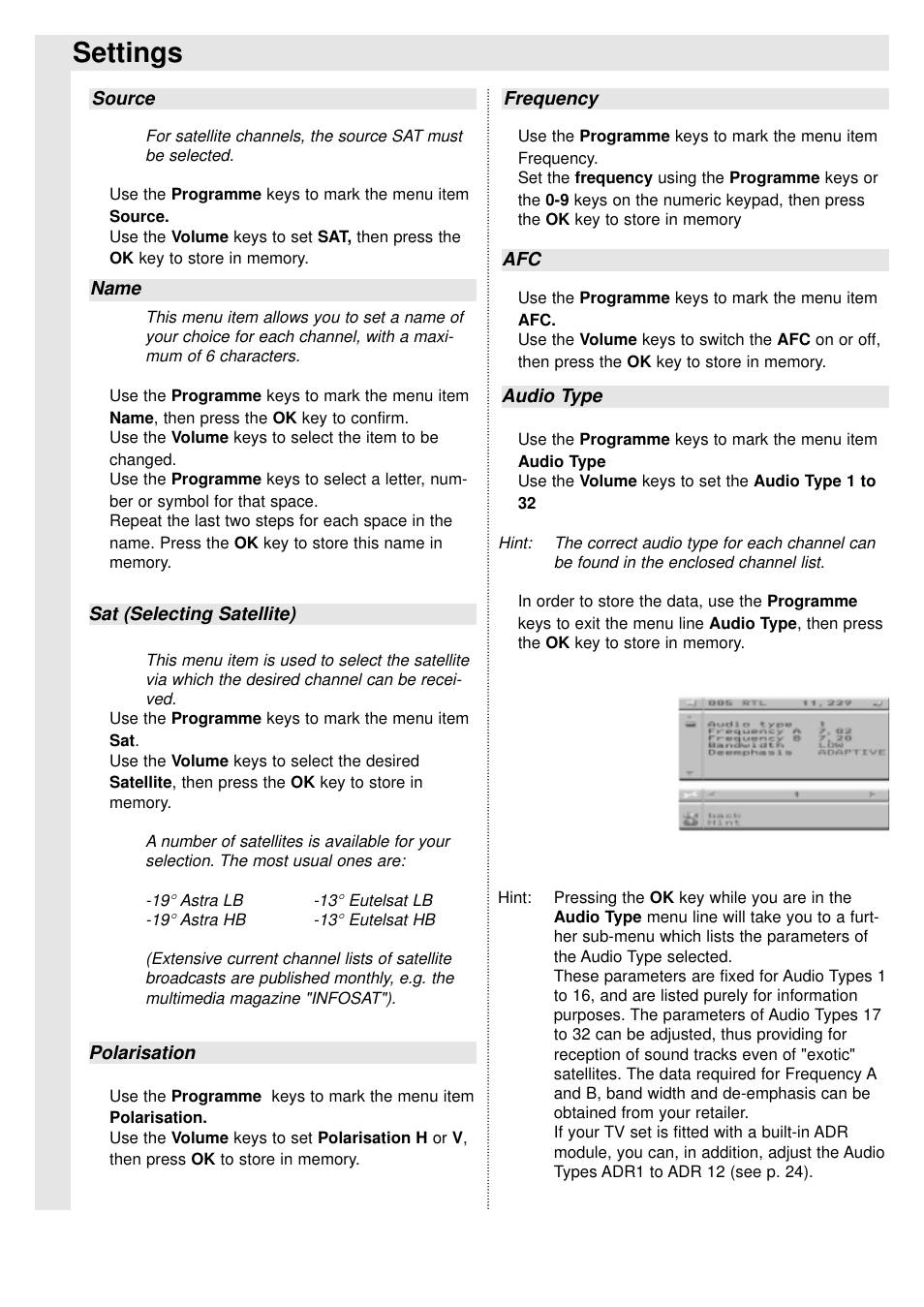 Settings | TechniSat 100Hz Television sets Colani-TV Classic Line User Manual | Page 13 / 32