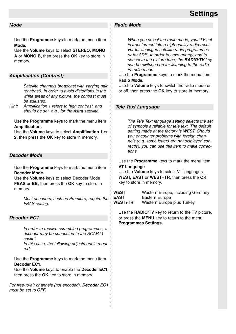 Settings | TechniSat 100Hz Television sets Colani-TV Classic Line User Manual | Page 14 / 32