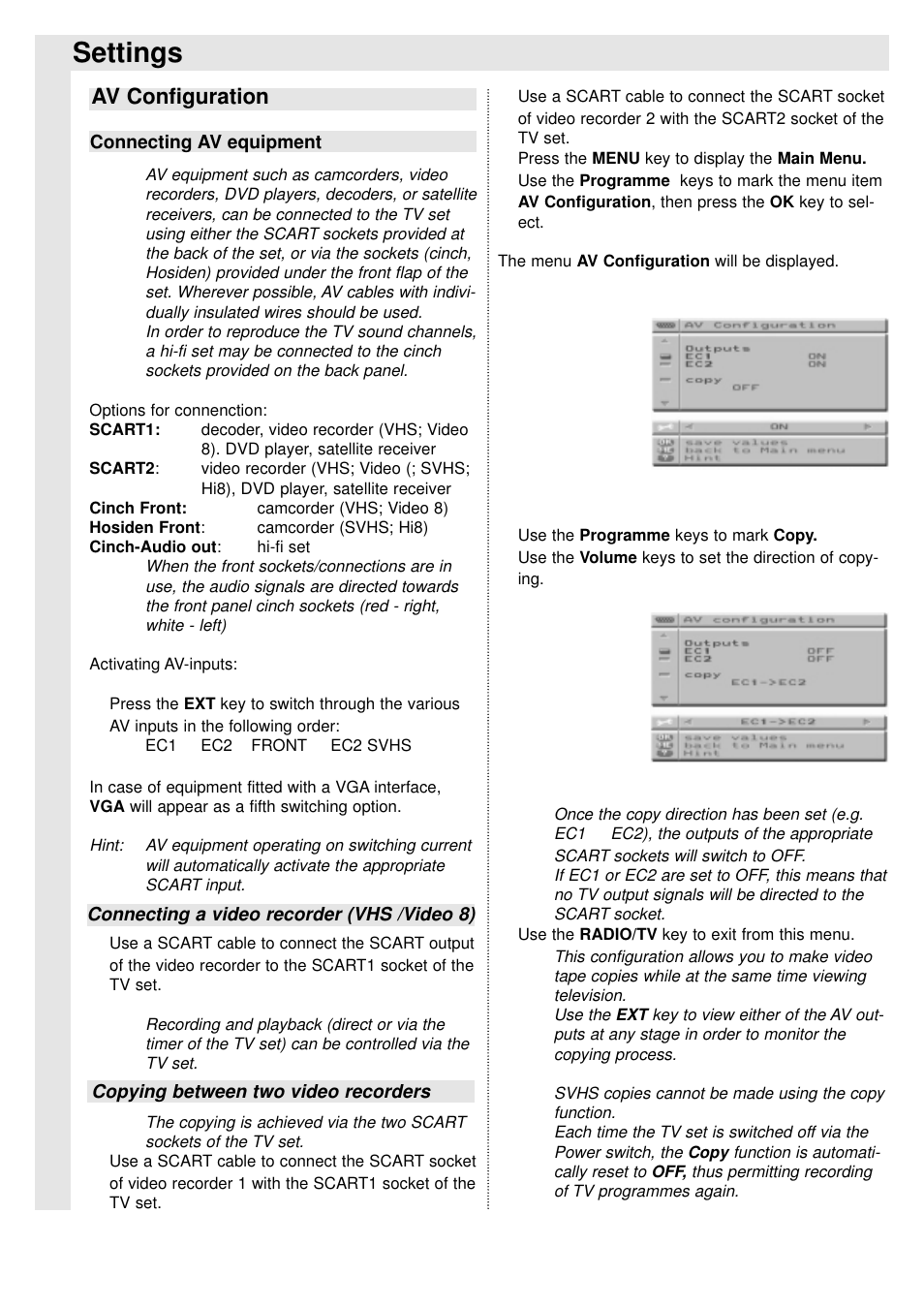 Settings, Av configuration | TechniSat 100Hz Television sets Colani-TV Classic Line User Manual | Page 19 / 32