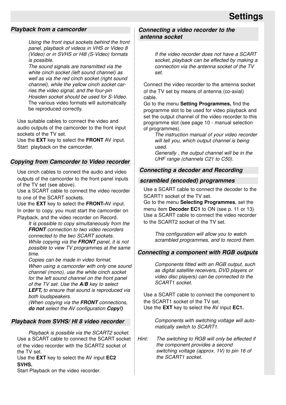 Settings | TechniSat 100Hz Television sets Colani-TV Classic Line User Manual | Page 20 / 32