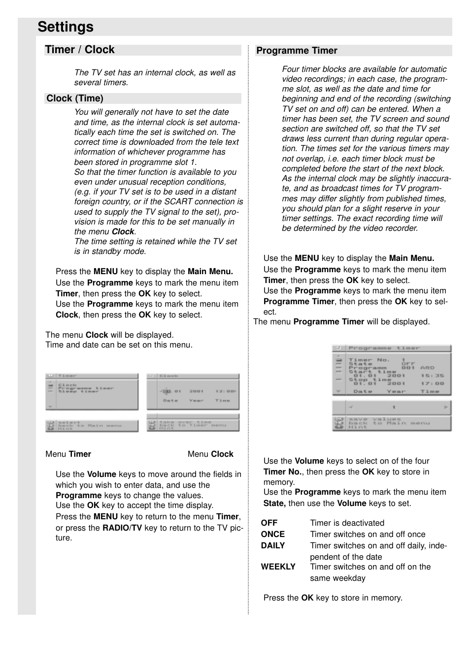 Settings, Timer / clock | TechniSat 100Hz Television sets Colani-TV Classic Line User Manual | Page 21 / 32