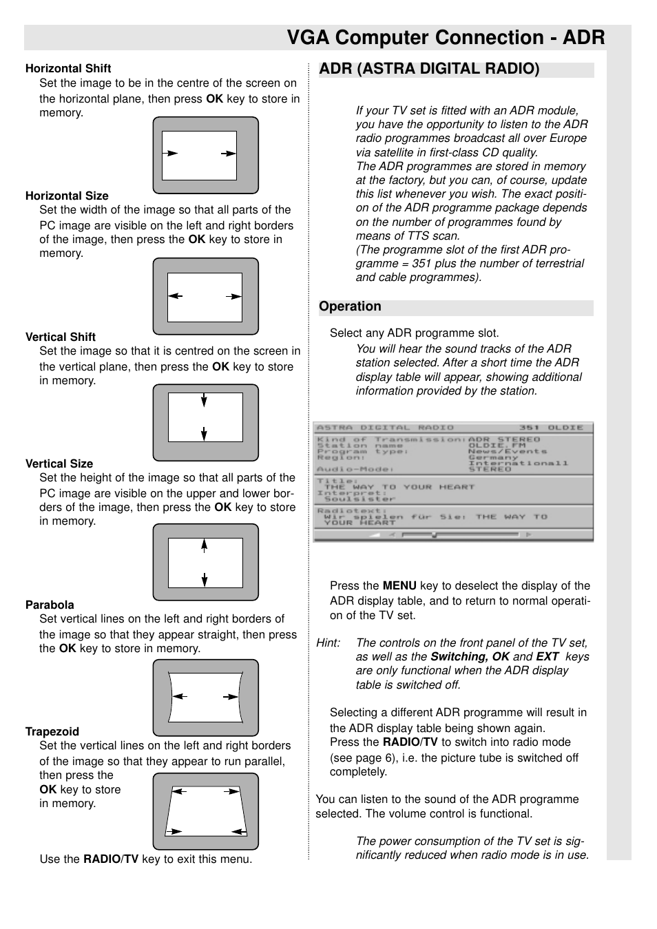 Vga computer connection - adr, Adr (astra digital radio) | TechniSat 100Hz Television sets Colani-TV Classic Line User Manual | Page 24 / 32