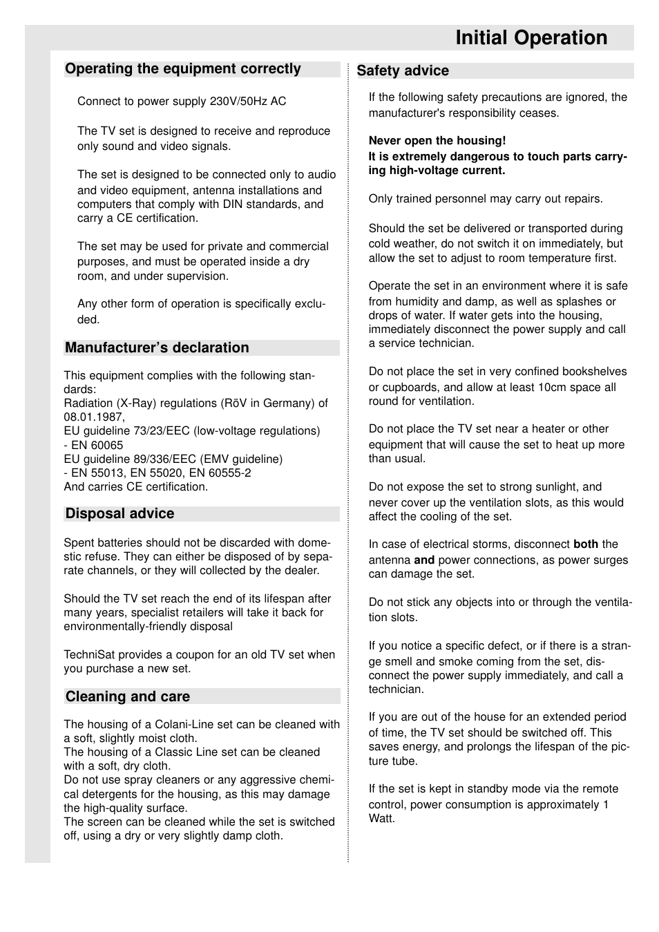 Initial operation | TechniSat 100Hz Television sets Colani-TV Classic Line User Manual | Page 3 / 32
