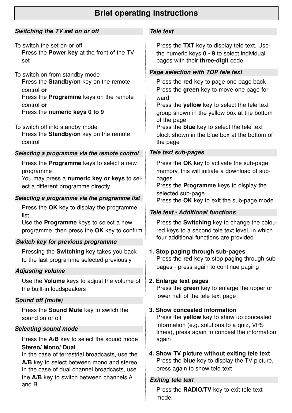 Brief operating instructions | TechniSat 100Hz Television sets Colani-TV Classic Line User Manual | Page 30 / 32