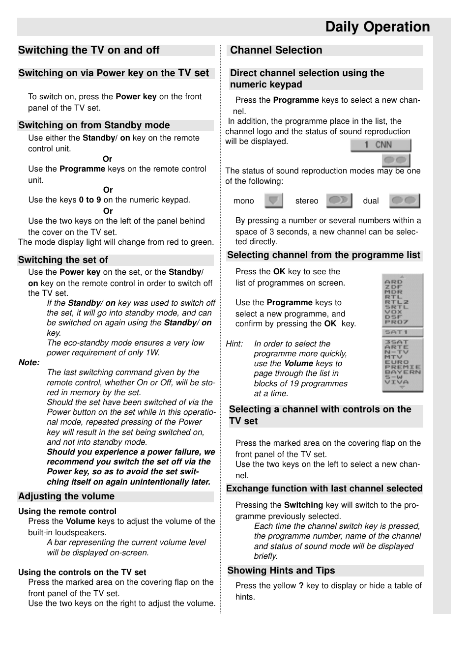 Daily operation, Switching the tv on and off channel selection | TechniSat 100Hz Television sets Colani-TV Classic Line User Manual | Page 6 / 32