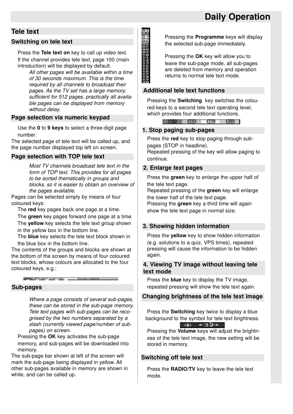 Daily operation, Tele text | TechniSat 100Hz Television sets Colani-TV Classic Line User Manual | Page 8 / 32