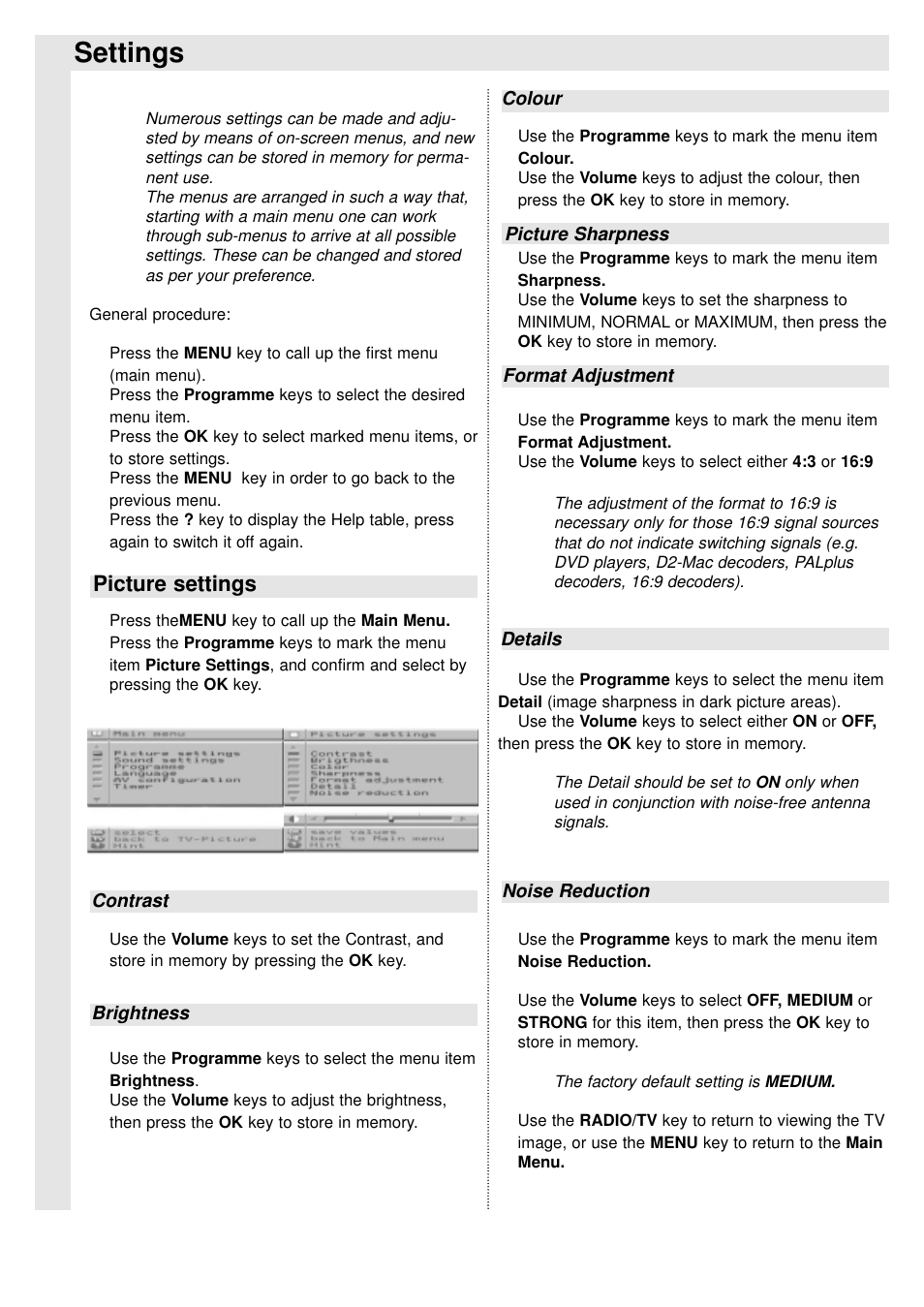 Settings, Picture settings | TechniSat 100Hz Television sets Colani-TV Classic Line User Manual | Page 9 / 32