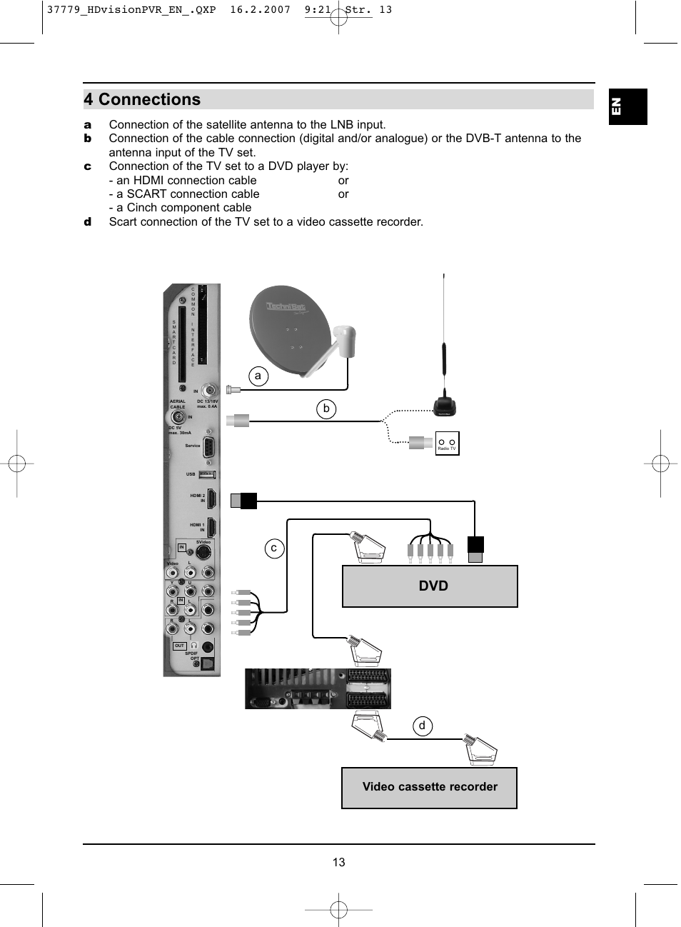 4 connections, 13 en, Video cassette recorder c | TechniSat HD-VISION 32 PVR User Manual | Page 13 / 72