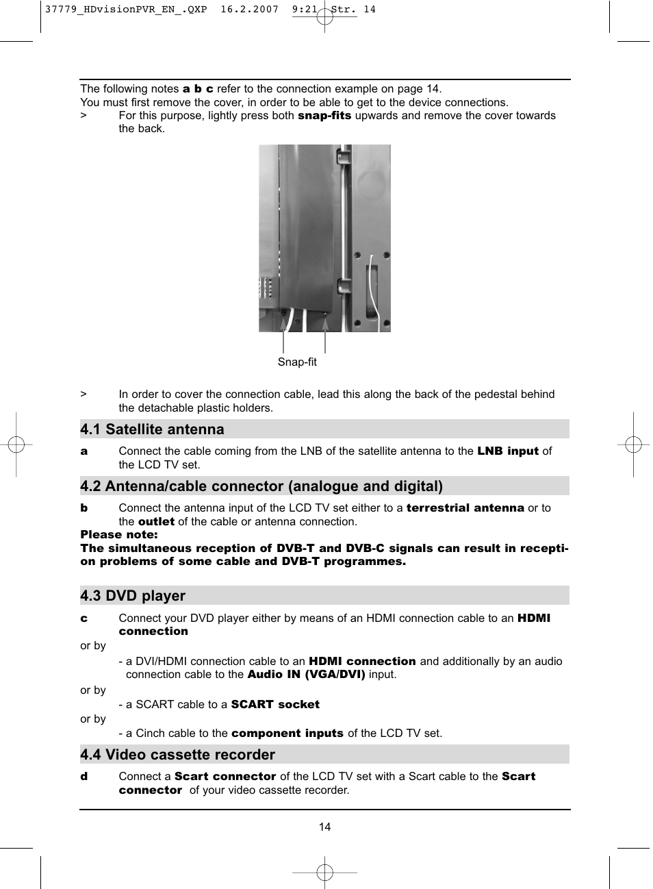 1 satellite antenna, 2 antenna/cable connector (analogue and digital), 3 dvd player | 4 video cassette recorder | TechniSat HD-VISION 32 PVR User Manual | Page 14 / 72