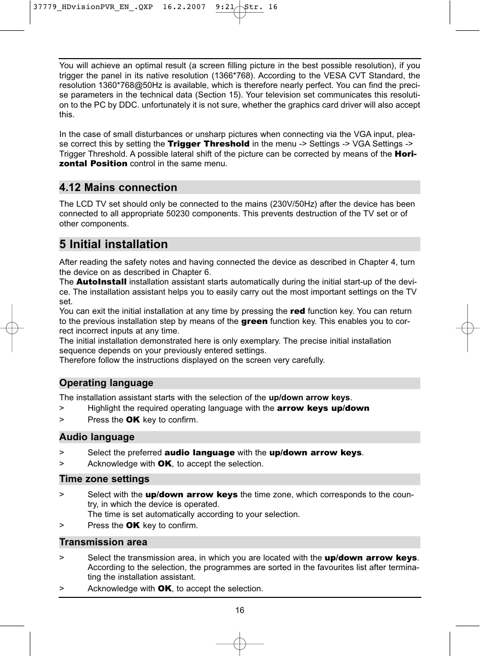 5 initial installation, 12 mains connection | TechniSat HD-VISION 32 PVR User Manual | Page 16 / 72