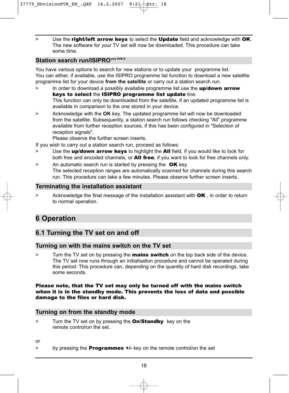 6 operation, 1 turning the tv set on and off | TechniSat HD-VISION 32 PVR User Manual | Page 18 / 72