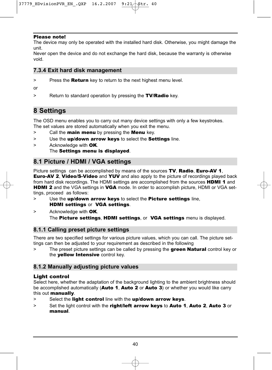 8 settings, 1 picture / hdmi / vga settings | TechniSat HD-VISION 32 PVR User Manual | Page 40 / 72