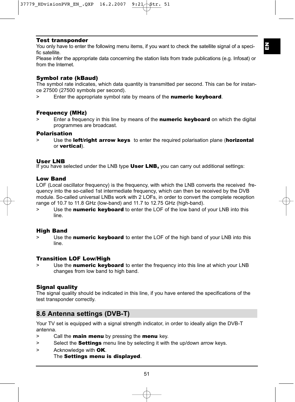 6 antenna settings (dvb-t) | TechniSat HD-VISION 32 PVR User Manual | Page 51 / 72