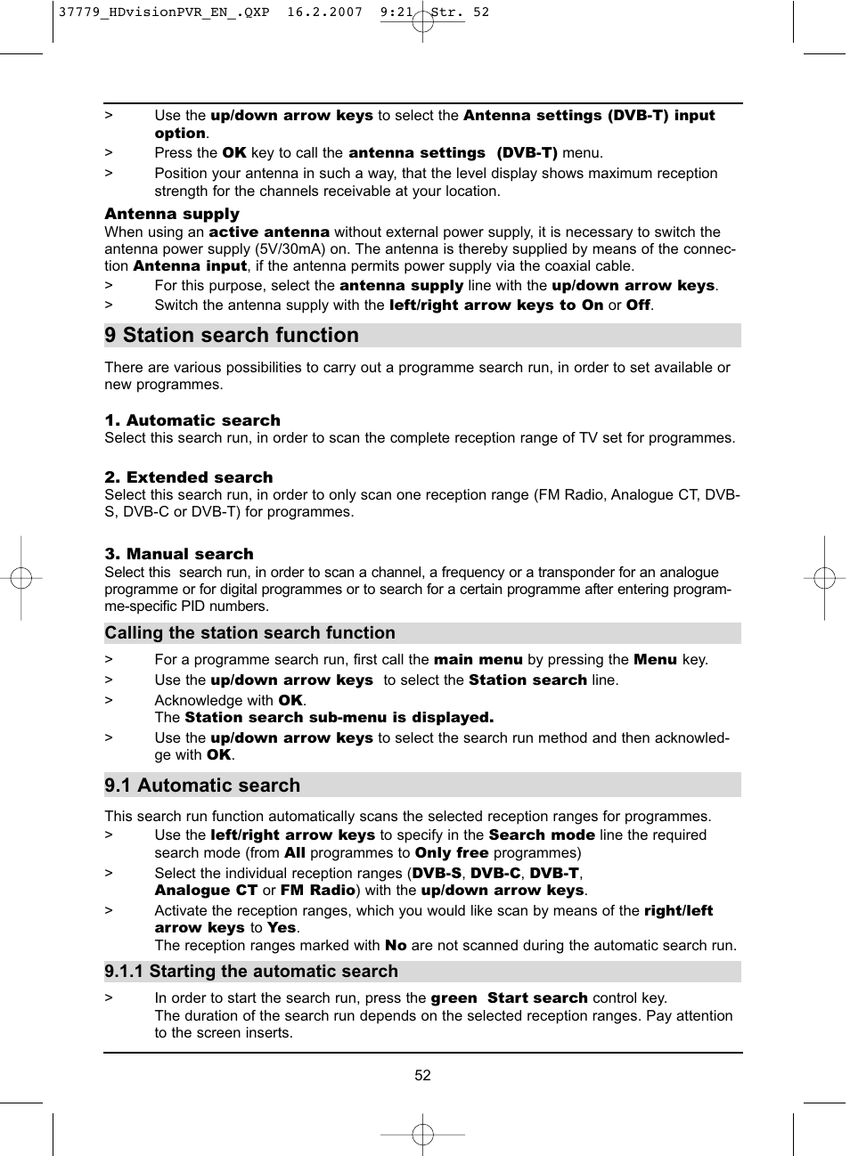 9 station search function, 1 automatic search | TechniSat HD-VISION 32 PVR User Manual | Page 52 / 72