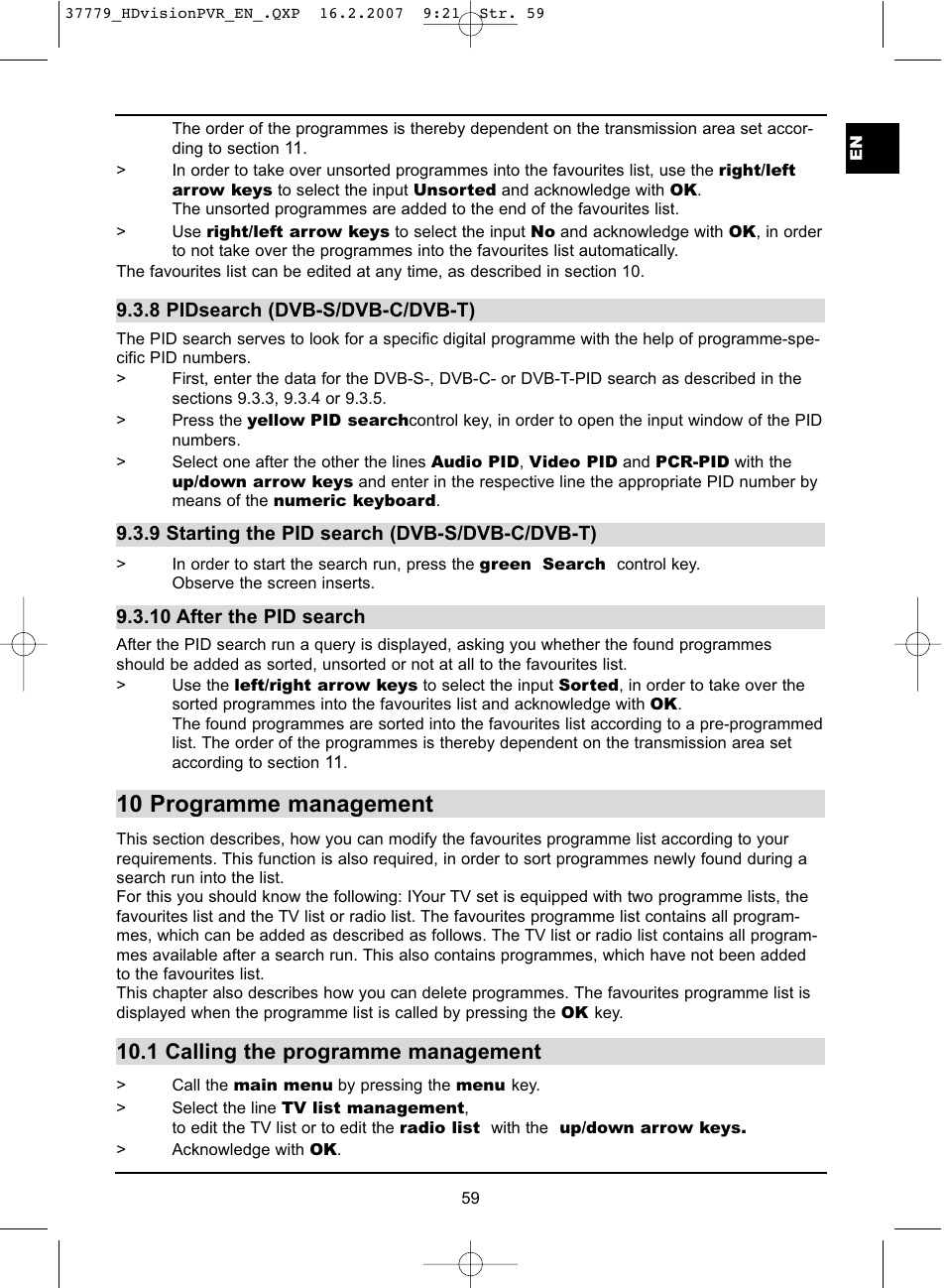 10 programme management, 1 calling the programme management | TechniSat HD-VISION 32 PVR User Manual | Page 59 / 72