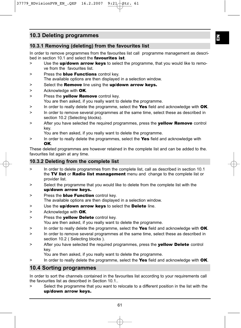 3 deleting programmes, 4 sorting programmes | TechniSat HD-VISION 32 PVR User Manual | Page 61 / 72