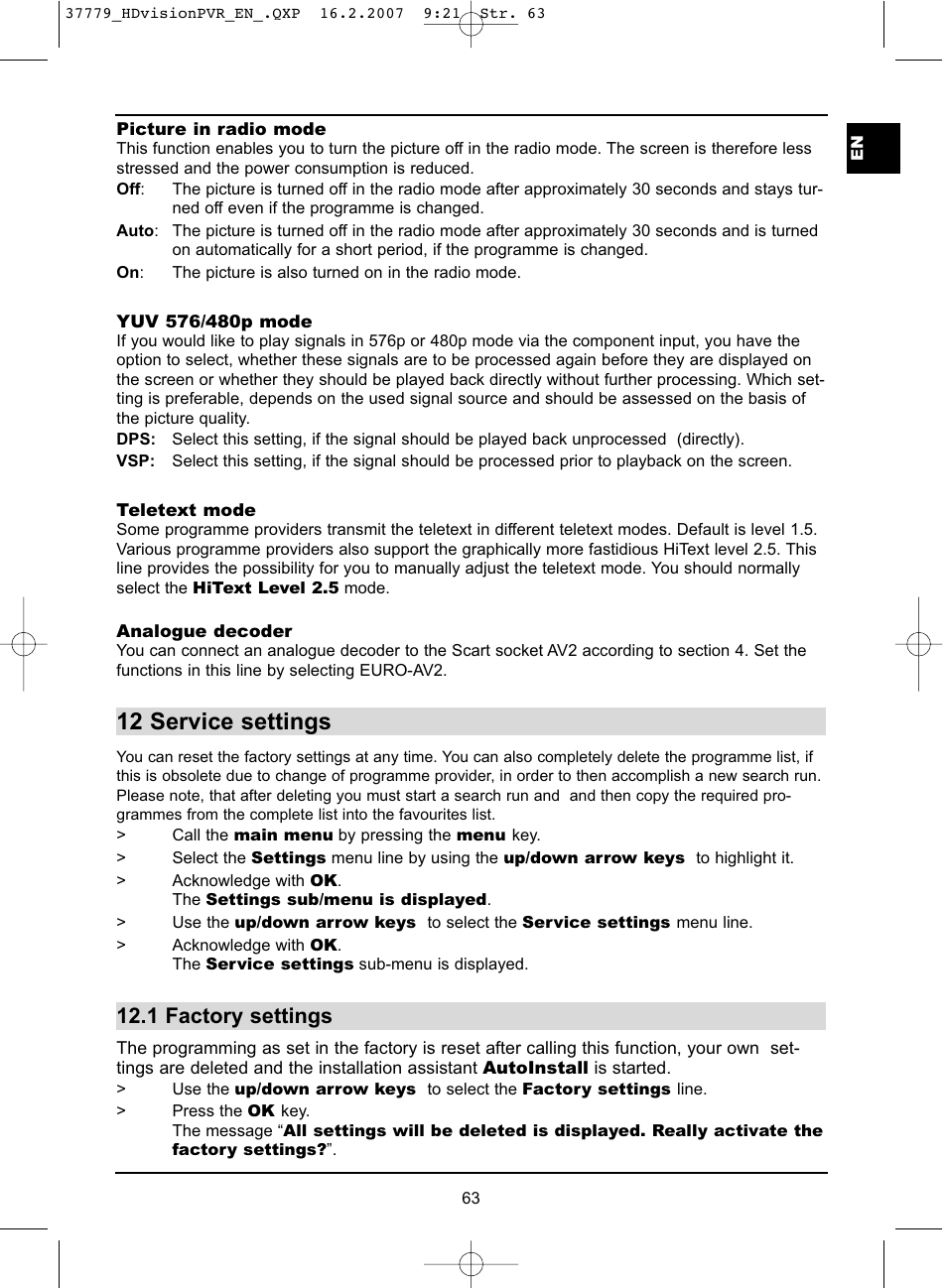 12 service settings, 1 factory settings | TechniSat HD-VISION 32 PVR User Manual | Page 63 / 72