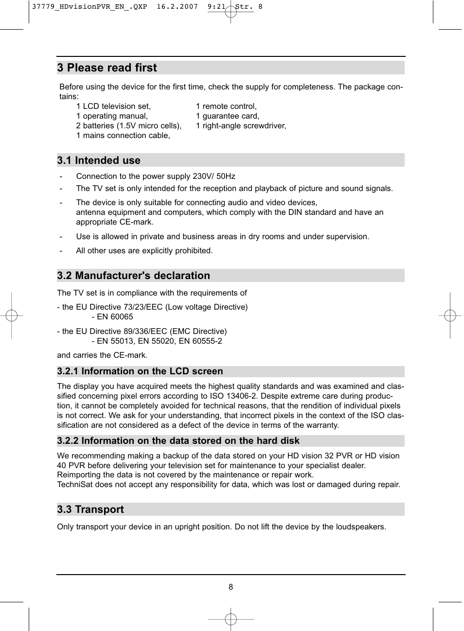 3 please read first, 1 intended use, 2 manufacturer's declaration | 3 transport | TechniSat HD-VISION 32 PVR User Manual | Page 8 / 72