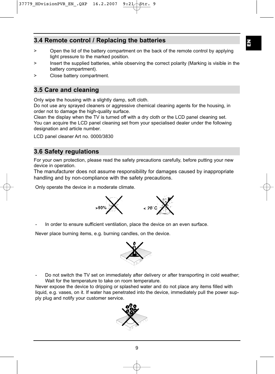 4 remote control / replacing the batteries, 5 care and cleaning, 6 safety regulations | TechniSat HD-VISION 32 PVR User Manual | Page 9 / 72