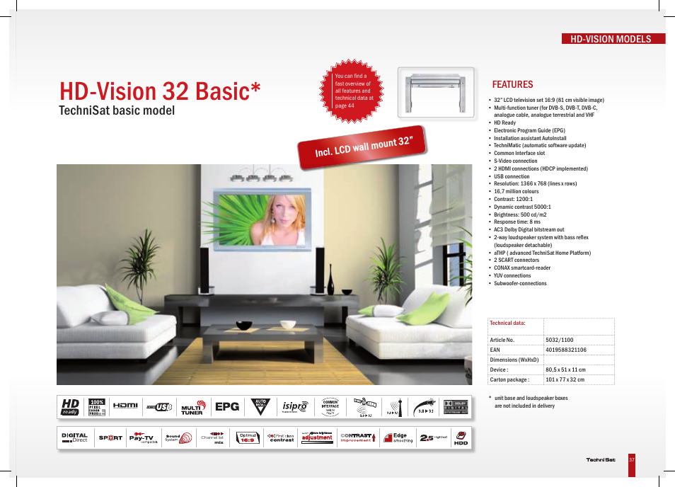 Hd-vision 32 basic, Technisat basic model, Hd-vision models features | Incl. lcd wa ll mount 32, High definition multimedia interface | TechniSat HD-Vision DVB-T User Manual | Page 37 / 48
