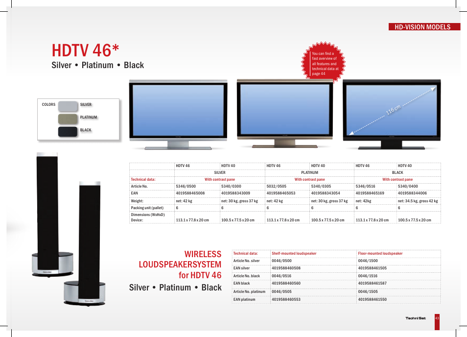 Hdtv 46, Silver • platinum • black, Hd-vision models | TechniSat HD-Vision DVB-T User Manual | Page 43 / 48
