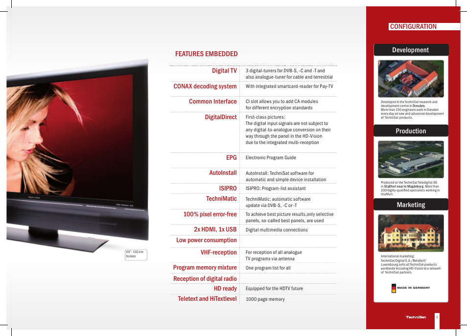Introduction, Configuration, Configuration features embedded | Production marketing development, Digital tv, Conax decoding system, Common interface, Digitaldirect, Autoinstall, Isipro | TechniSat HD-Vision DVB-T User Manual | Page 5 / 48
