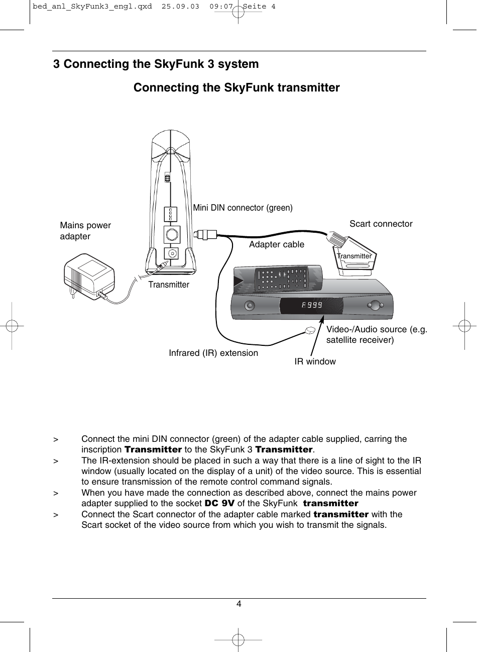 3 connecting the skyfunk 3 system, Connecting the skyfunk transmitter | TechniSat SkyFunk 3 User Manual | Page 4 / 8