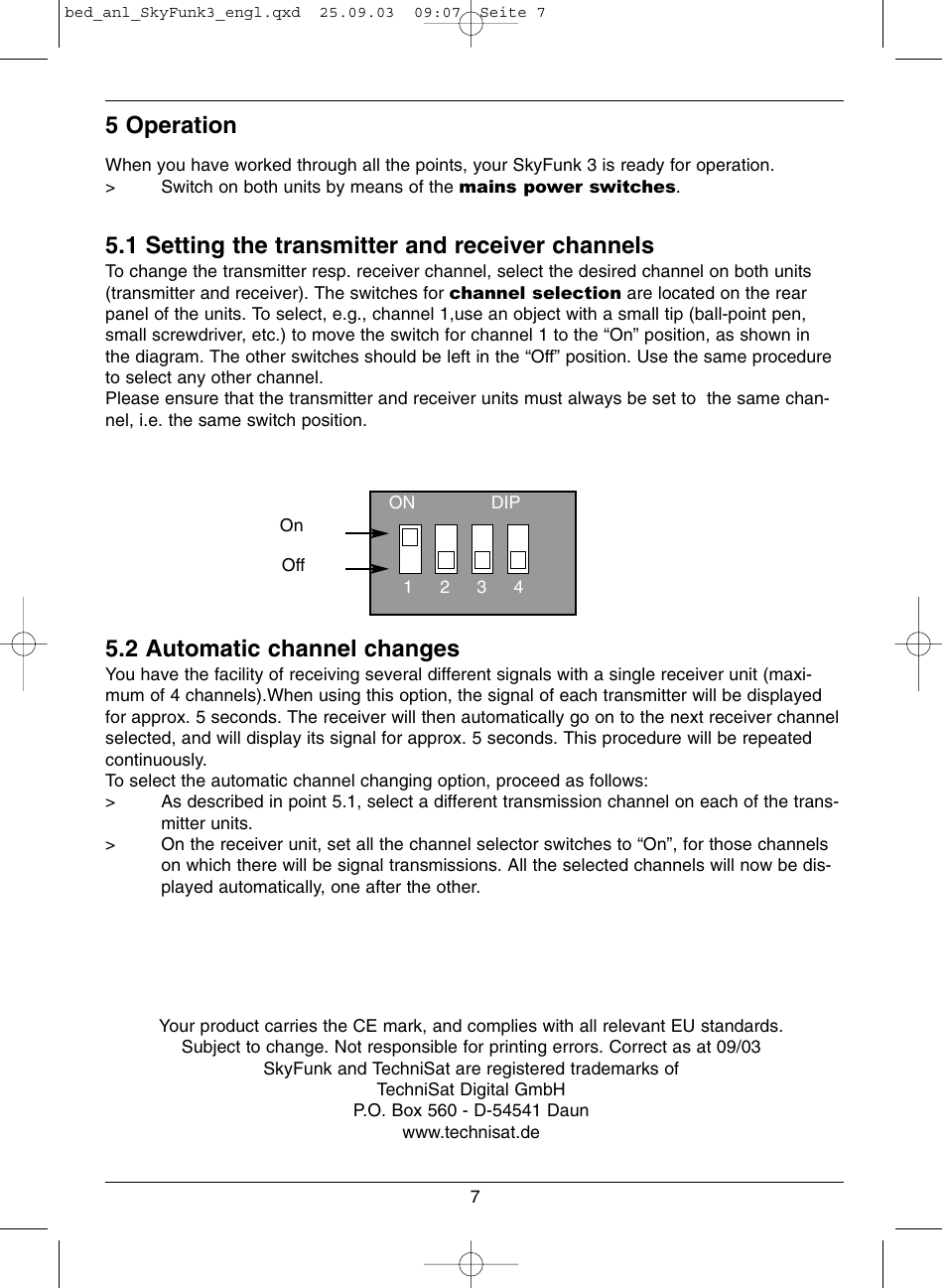 5 operation, 1 setting the transmitter and receiver channels, 2 automatic channel changes | TechniSat SkyFunk 3 User Manual | Page 7 / 8