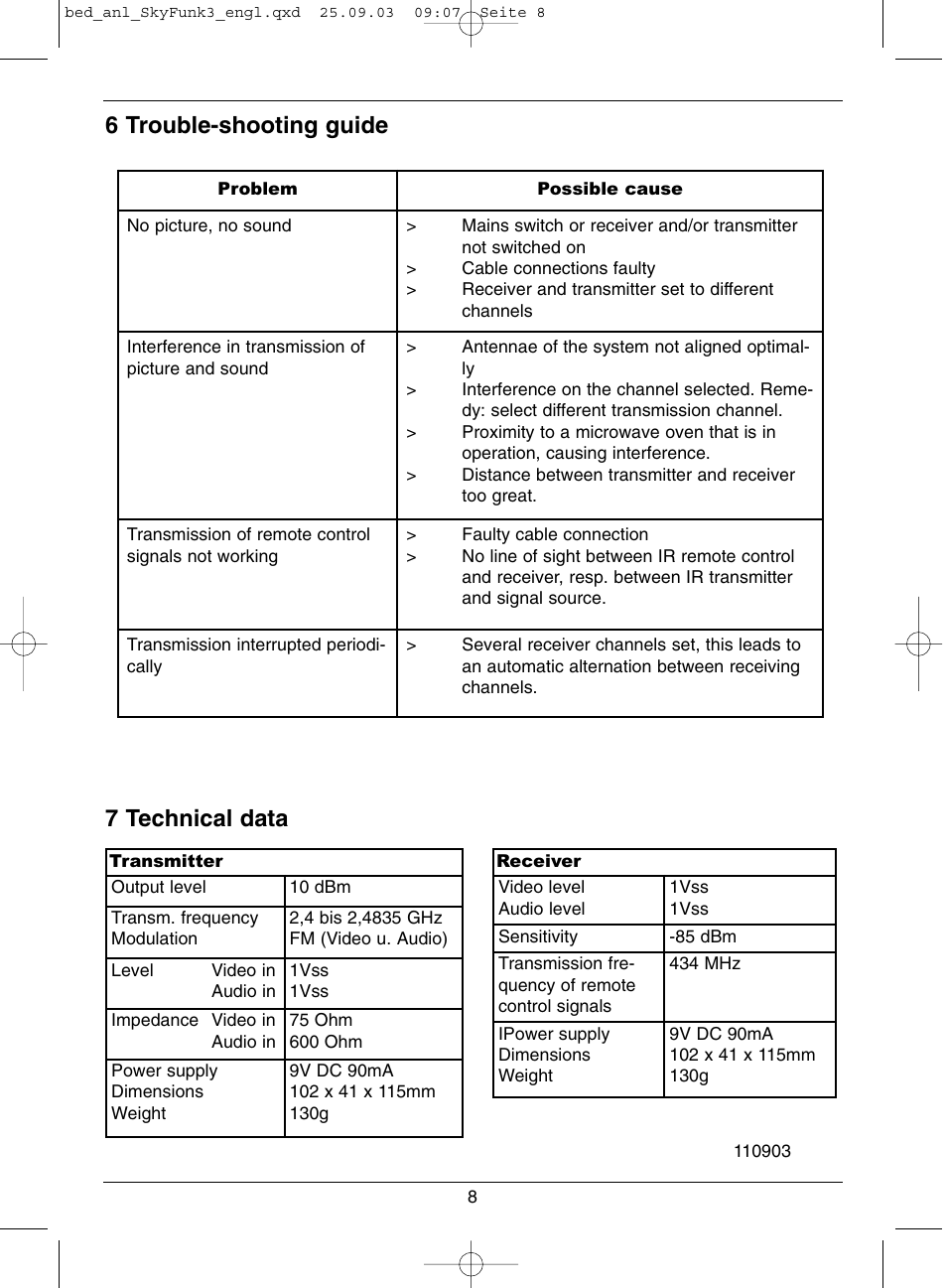 6 trouble-shooting guide 7 technical data | TechniSat SkyFunk 3 User Manual | Page 8 / 8