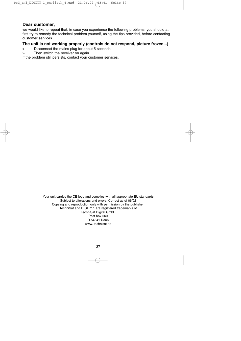 Dear customer | TechniSat DIGITY 1 User Manual | Page 37 / 38