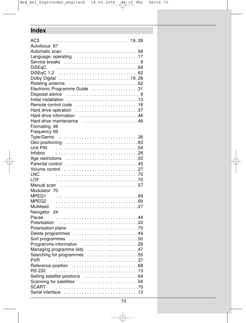 Index | TechniSat DigiCorder S1 User Manual | Page 73 / 78