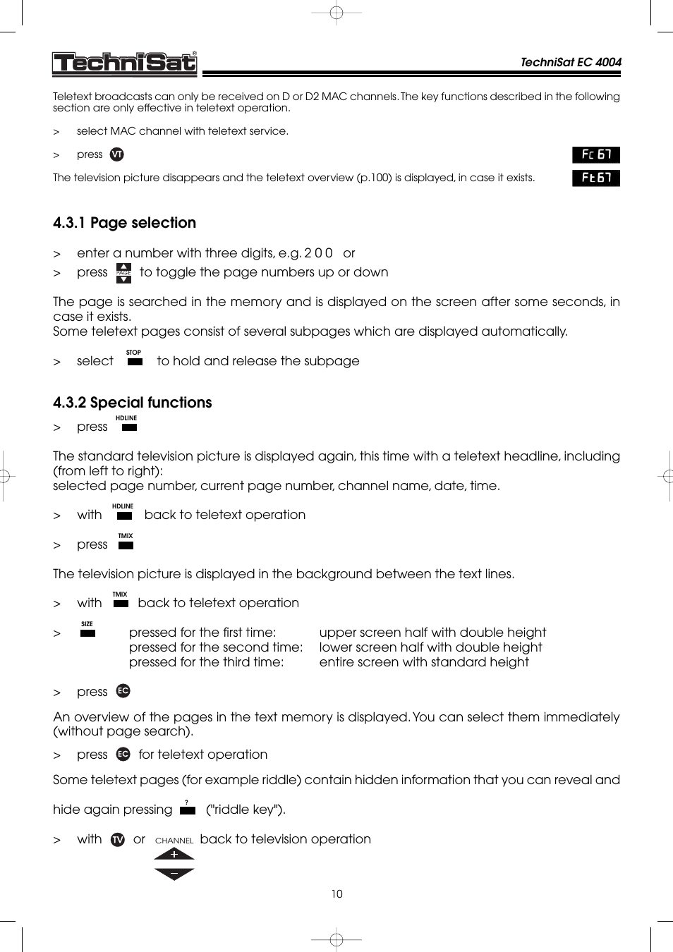1 page selection, 2 special functions | TechniSat EC 4004 User Manual | Page 10 / 35