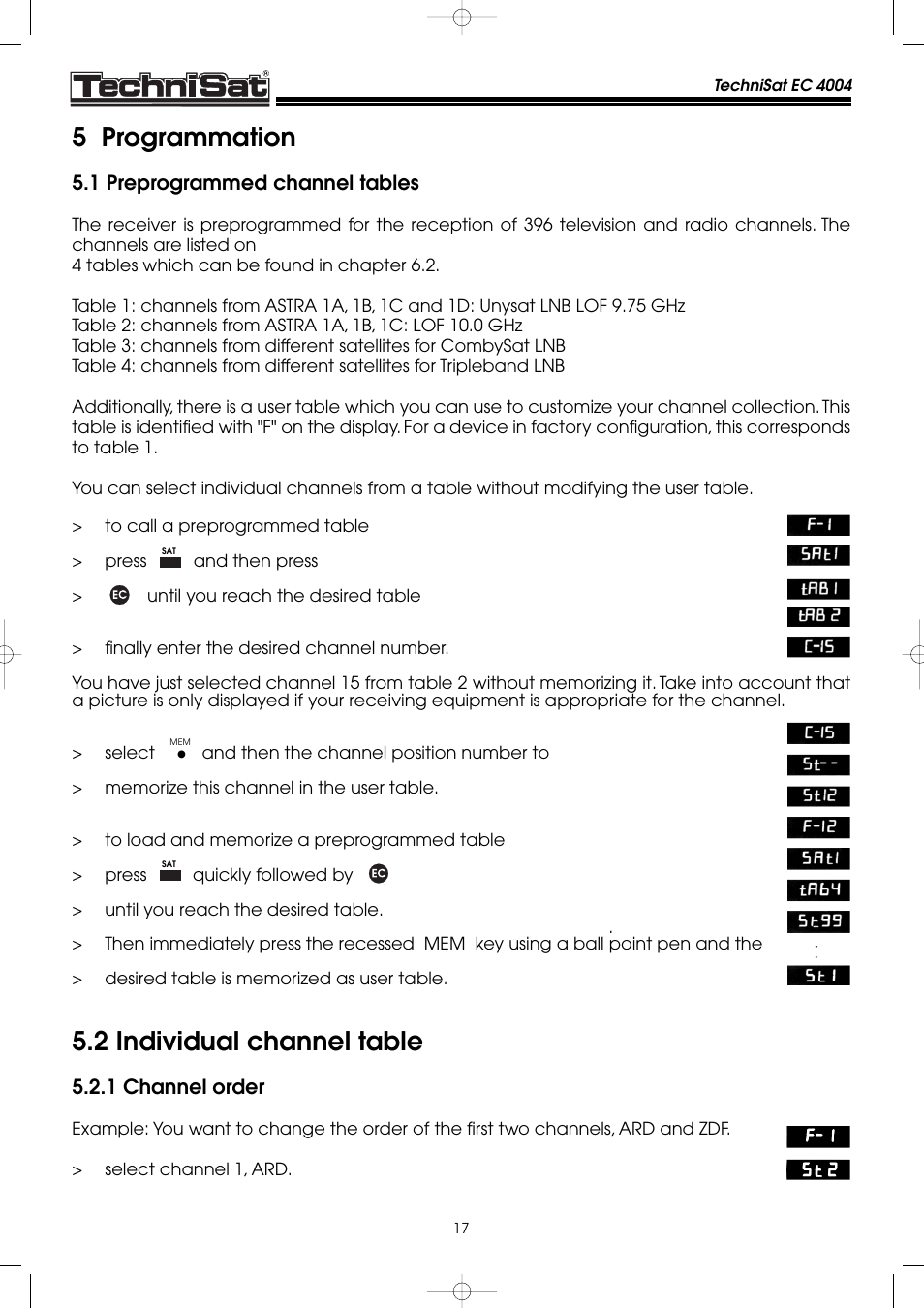 5 programmation, 2 individual channel table | TechniSat EC 4004 User Manual | Page 17 / 35